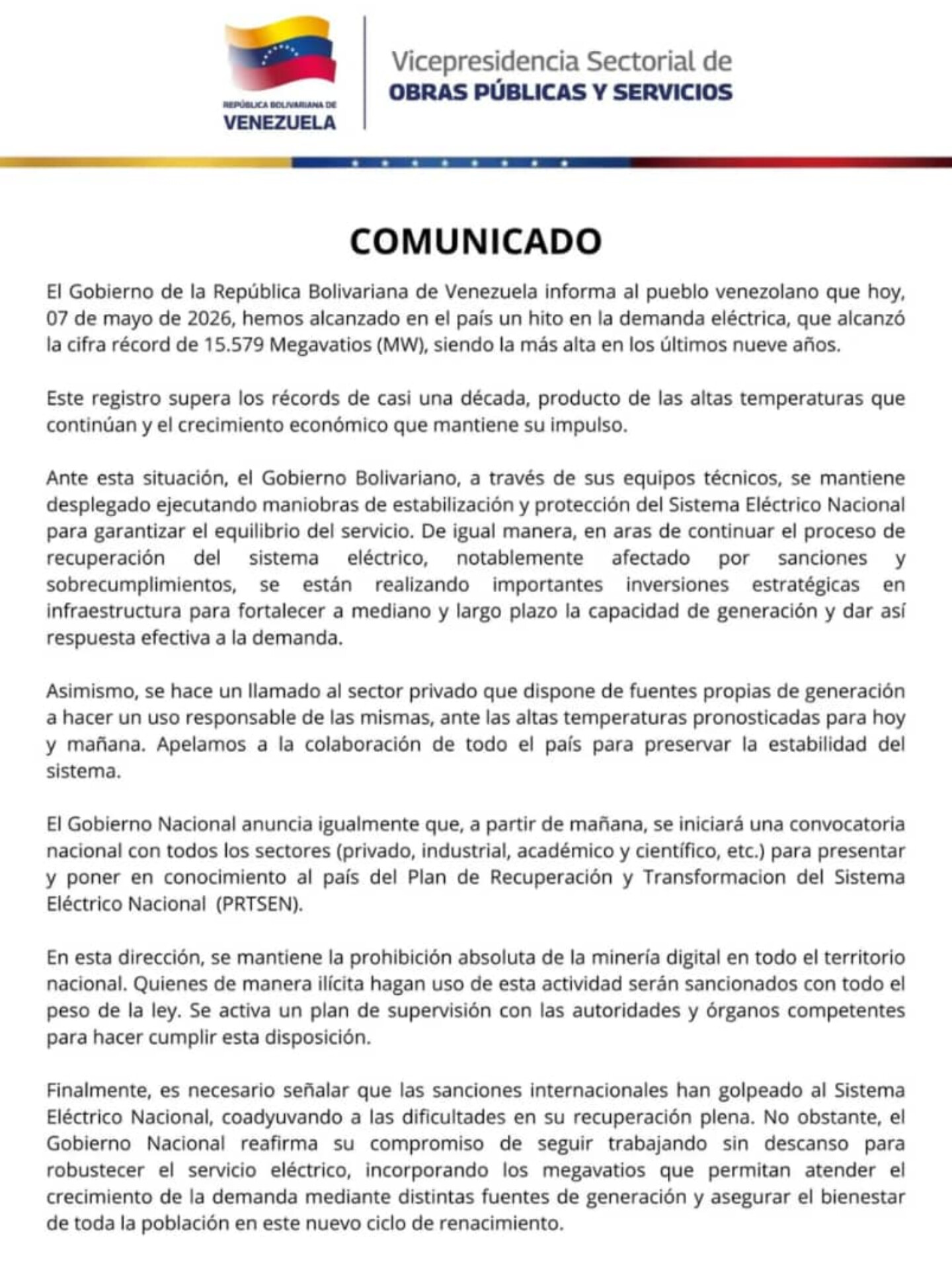 La demanda eléctrica este 7 de mayo fue de 15.579 megavatios 